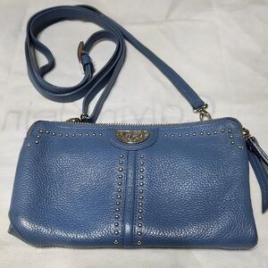 Blue Textured Leather Crossbody Bag with Gold Details